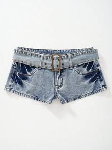 Rivivi Women's Summer Casual Fashion Street Rivet Buckle Belted Washed Denim Shorts - Light Wash - View 3
