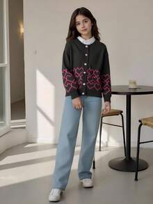 Girls' Autumn/Winter Clothing, Round Neck Long Sleeve Heart Pattern Sweater Cardigan, Sweet Cute Loose Knit Jacket - Dark Grey - View 9