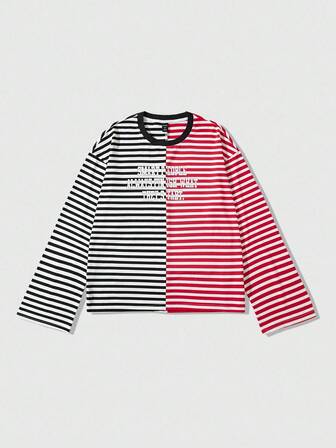 Prep Herren gestreiftes Patchwork Langarm T-Shirt, locker geschnittener Crop-Fit, für den Herbst