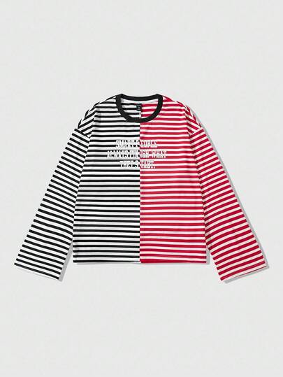 Street Life Men's Striped Patchwork Long Sleeve T-Shirt, Loose Cropped Fit, For Fall