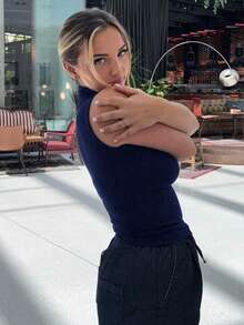 Jeta Ari Women High Neck Bodycon Sleeveless Cami Tank Top - Navy Blue - View 4