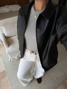 Dripcurv 加大落肩拉链 PU 皮夹克 - 黑色 - 查看 6