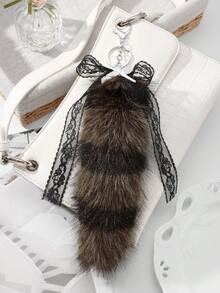 ROMWE Goth 1pc Y2K Retro Chic Cute Minimalist Sophisticated High-Quality Animal Print Series Brown Faux Fur Anime Fox Tail With Black Lace Bow, Star Decor DIY Keychain Bag Charm, Suitable For Cosplay, Daily Wear, Holiday Gift For Women