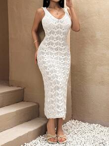 SHEIN Cottnline Summer Beach Casual Solid Color Side Split Knit Coverup Dress - White - View 5