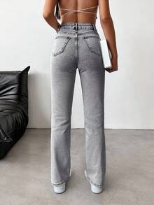 RueChic 98%Cotton High Waist Ripped Straight Leg Jeans - Grey - View 2