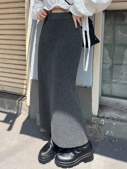 FRIFUL 여성용 솔리드 다크 그레이 골지 니트 탄성 허리 스트레이트 스커트, 슬리밍, 휴가, 가을 여성 의류 겨울 여성 스커트에 적합