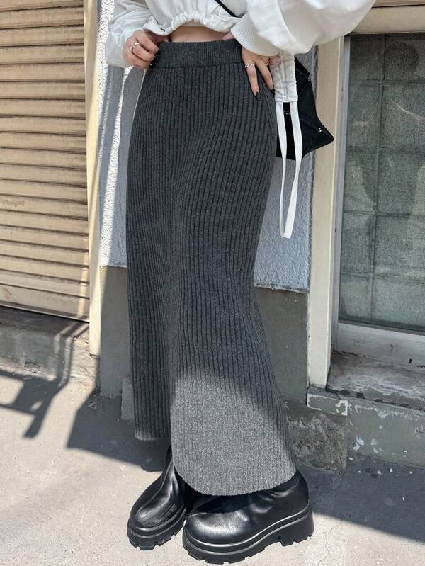 FRIFUL Falda recta de punto acanalado gris oscuro sólido con cintura elástica, adelgazante, adecuada para vacaciones, ropa de mujer de otoño