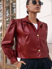Aveloria Modichic Asymmetrical Metal Buckle Wide Straight Silhouette PU Solid Color Commuter Chic Jacket - Red - View 5