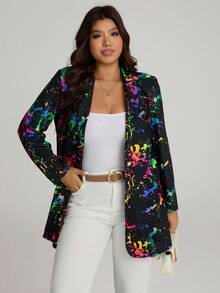 Comfylo Plus Splash Ink Print Single Button Blazer Fall Women Clothes Fall Clothes Plus Size Fall Outfits For Women  Fall Outfits Women Autumn - Multicolor - View 3