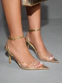 CUCCOO SZL Gold Metal TPU Rhinestone Decor Elegant Sexy Pointed Toe Strap High Heel Pumps - Gold - View 5