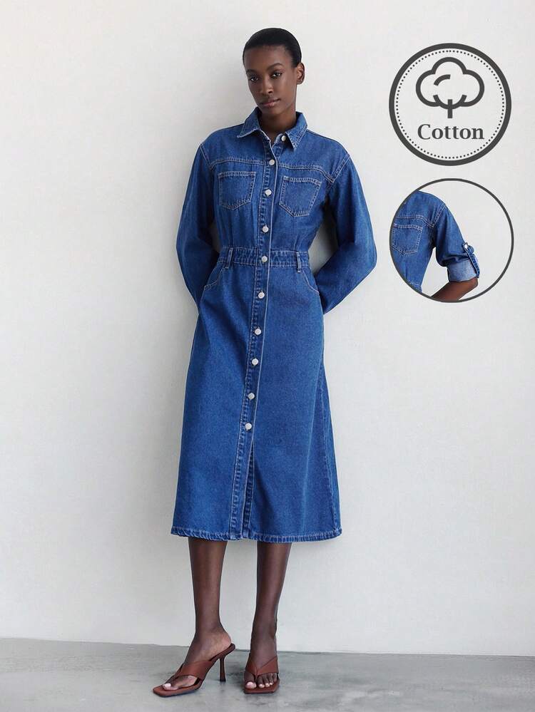 SHEIN Maija Damen Lässiges Denim Kleid mit Knopfleiste und Waschung
