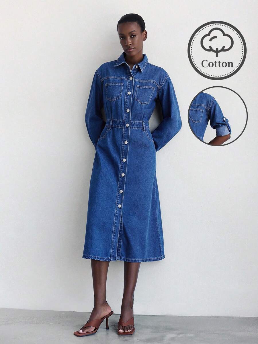 Maija 女式休闲水洗前扣牛仔连衣裙 - 中等水洗藍 - 查看 1