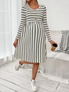 SHEIN 孕妇和哺乳休闲条纹纹理中长连衣裙，秋季 - 杏色 - 查看 7