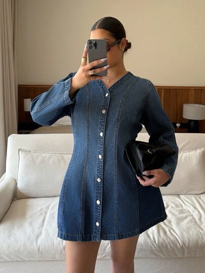 Dripcurv 大码休闲通勤前扣牛仔连衣裙