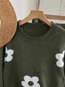 EURMUSE 2pcs/Set Women Crochet Flower Pullover Sweater Top And Pants Suit, Warm And Comfortable,Winter Clothes - Army Green - View 6