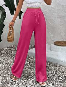 EURMUSE Pantalones anchos de lino de cintura alta con cordón en unicolor beige para mujer - Rosa Fucsia - Ver 4