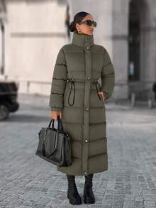 EURMUSE Zip Up Drawstring Waist Long Padded Coat - Army Green - View 4