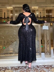 NU&NOW 大码女式纯色圆领长袖美人鱼下摆亮片装饰派对连衣裙 - 黑色 - 查看 6