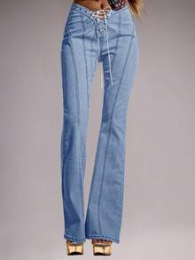 MUSERA Quần jeans denim ống loe cạp thấp, thắt dây, ôm sát, có chi tiết đường may, phong cách mùa hè, boho, lễ hội, gợi cảm, câu lạc bộ, tiệc tùng, mùa thu đông, miền Tây, cao bồi, Nashville, tiệc tùng, sang trọng, mùa xuân. - Rửa nhẹ - Xem 2