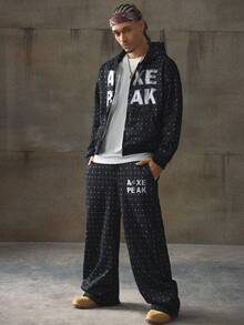 AXEPEAK 男士休闲字母图案连帽衫和裤子套装，秋季，羊毛，适合秋冬 - 黑色 - 查看 1