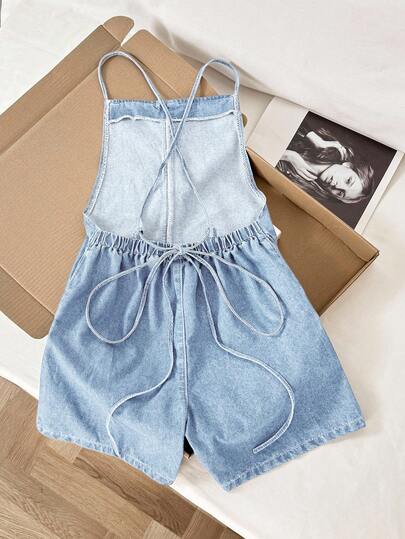 Comfortcana Quần short denim lưng chéo dáng rộng thoải mái dành cho nữ