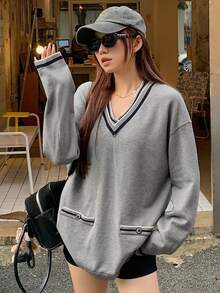 DAZY Suéter de hombros caídos con ribete de contraste para otoño - Gris - Ver 6