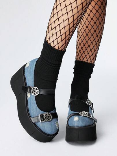 Grunge Punk Runde Zehenkappe Schnallengurt Plateau Modeschuhe im Gothic Punk Stil mit rundem Sternschnallenverschluss, blaue Denim Plateau Keilabsatz Schuhe, Partykleid Schuhe für Frauen