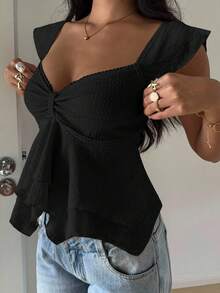SHEIN EZwear Black Knitted Sweetheart Tank Top With Ruffle Hem And Asymmetrical Design Cute Black Top - Black - View 4