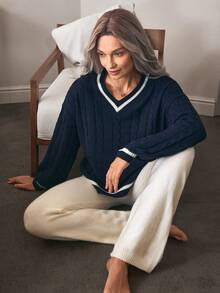 Louniche Maglione a maniche lunghe con spalle a caduta, lavorazione a trecce e bordo a righe - Blu Navy - Visualizzare 4