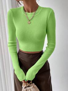 RosyDaze Women's Solid Color Round Neck Long Sleeve Cropped Fitted Pullover Sweater, Autumn - Green - View 3