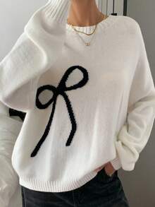 DAZY Cremeweiß Schleife Gestrickter Pullover für Frauen, Locker Vintage Stil, Herbst/Winter