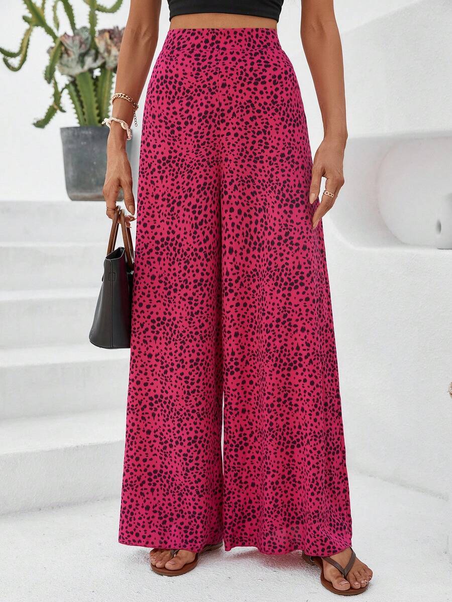 EMERY ROSE 全身印花松紧腰宽松阔腿休闲裤粉色猎豹印花裤阔腿裤斑点狗印花裤粉色阔腿裤女款阔腿裤 - 紅色 - 查看 1