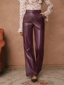 SHEIN Unity Plum Red Micro Flare PU Leather Pants, Spring/Autumn - Red Violet - View 5