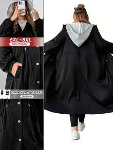 SHEIN CURVE+ 大码女式长袖单排扣抽绳腰休闲撞色连帽风衣女式长外套女式长外套开放式长袍大码夹克适度外套，女式秋季服装冬季秋冬 - 黑色 - 查看 9