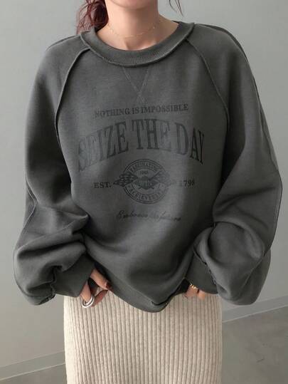 FRIFUL Women's Loose Fit Raglan Sleeve Letter Print Thermal Lined Sweatshirt, Casual Pullover Top For Autumn, Dark Grey