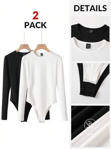 SHEIN CURVE+ Bộ 2 bộ đồ liền thân dệt kim cổ tròn tay dài màu trơn đơn giản dành cho nữ/Mùa thu/Mùa đông - màu đen - Xem 3