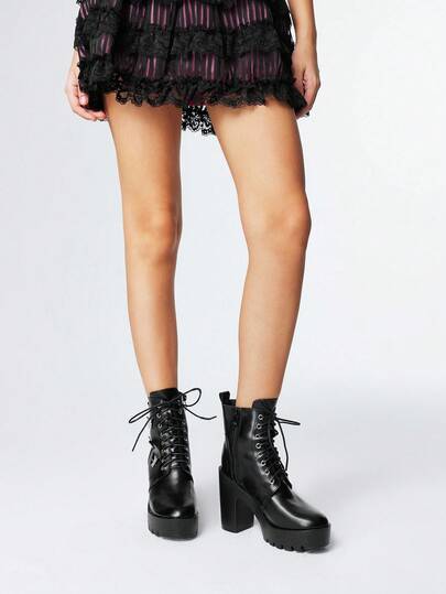 Grunge Punk Women's Gothic Style Round Toe Chunky Heel Platform Buckle Punk Boots, PU Leather Black High Heel Boots Suitable For Party, Daily Wear, Height Increasing And Leg Lengthening, Halloween