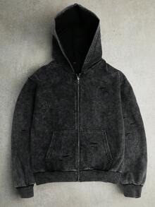 STYNVO Manfinity Streetrush 男式纯色简约休闲连帽长袖运动衫，酸洗黑色拉链连帽衫，秋季 - 黑色 - 查看 1