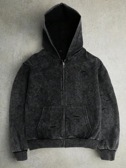 STYNVO Sudadera con capucha de manga larga minimalista de unicolor casual para hombre Manfinity Streetrush, sudadera con capucha con cierre de lavado ácido negro, otoño