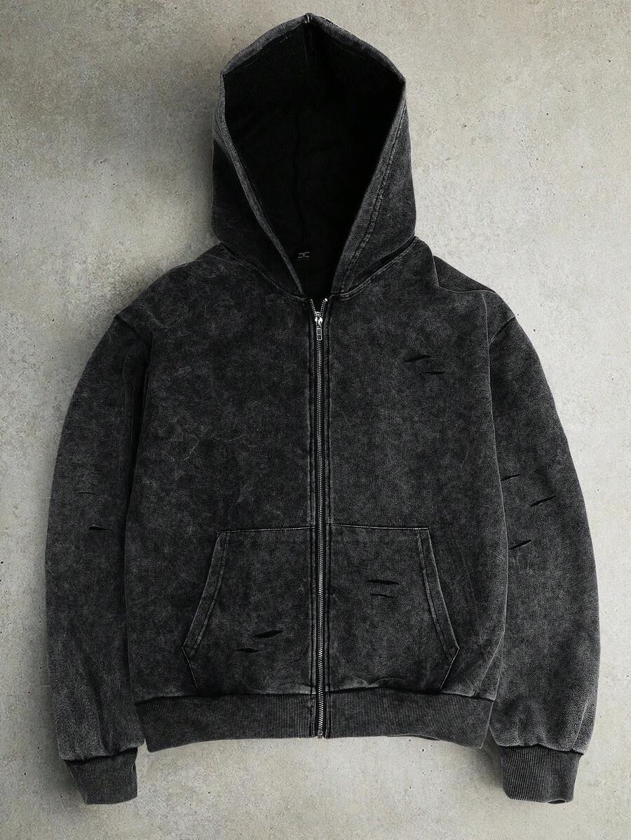 STYNVO Manfinity Streetrush 男式纯色简约休闲连帽长袖运动衫，酸洗黑色拉链连帽衫，秋季 - 黑色 - 查看 1