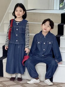 Genkimix Kids 3 件套幼儿女童休闲装：牛仔无袖背心 + 条纹针织上衣 + 工装牛仔裙，秋季 - 深色水洗藍 - 查看 3