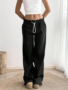 Flirla Pantalón de chándal largo de estilo casual de calle para mujer con cintura plegable, cordón, bolsillo en diagonal y pierna recta de color gris - Negro - Ver 4