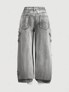 SHEIN MOD Plus Size Grey Pentagram Patch Casual Fashion Straight Leg Jeans/Winter