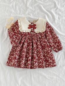 SHEIN 女婴可爱长袖公主裙，时尚自然风格，春秋季 - 紅色 - 查看 2