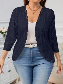 SHEIN Clasi Plus Size Women Textured Knit Jacket, Autumn - Navy Blue - View 6