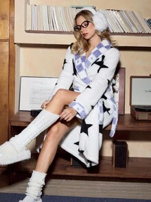 SweetSlumber 星形格子爱心领保暖舒适休闲女士蓬松睡袍，星形印花睡衣，秋冬款，舒适保暖 - 彩色 - 查看 4