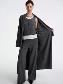 SHEIN LUNE Women's Elegant High Neck Contrast Color V-Shaped 2 In 1 Wool Blend Knit Pants Set,Gray,Autumn,Effortless Chic,Lounge,Dropped Shoulder Elastic Waist - Grey - View 3