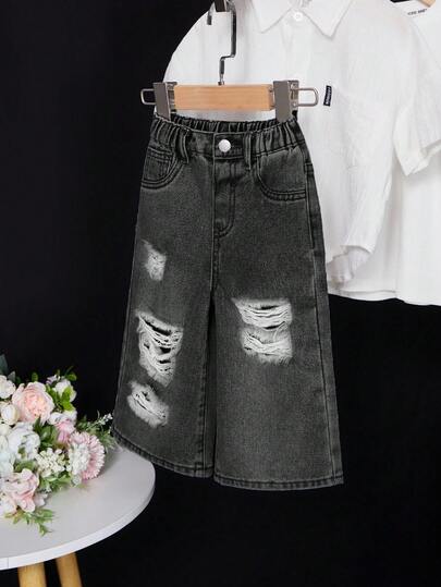 SHEIN Baby Girl Blue Denim Loose Ripped Jeans, Ripped Jeans Toddler Girl, Distressed Denim Toddler Girl, Toddler Girl Black Jeans Fall Winter