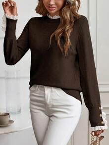 EMERY ROSE Casual Versatile Apricot Floral Trim Round Neck Long Sleeve Sweater, Autumn/Winter,Brown Sweater - Brown - View 6