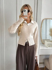 秋冬女士V领拉链下摆休闲套头衫 - 杏色 - 查看 3